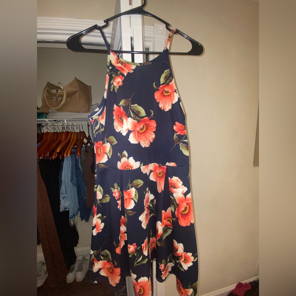 Navy and Pink Floral Halter Dress